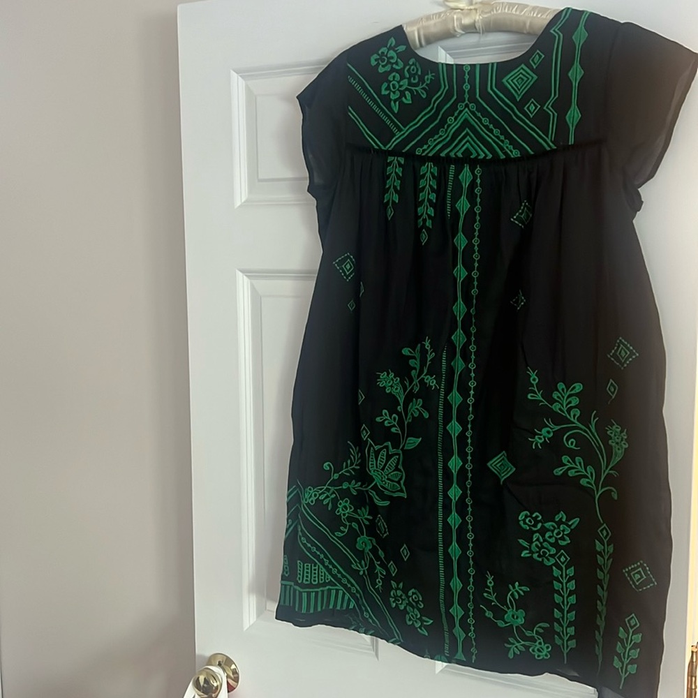Beautiful Black linen Johnny Was dress with deep green embroidery and tassels